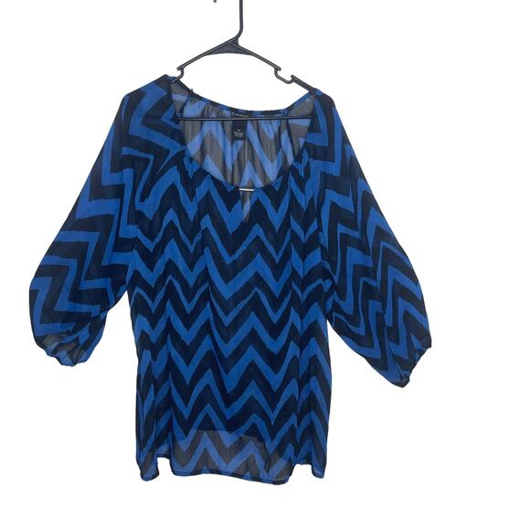 New Directions 2x bright blue and black blouse semi sheer plus size - Picture 1 of 13
